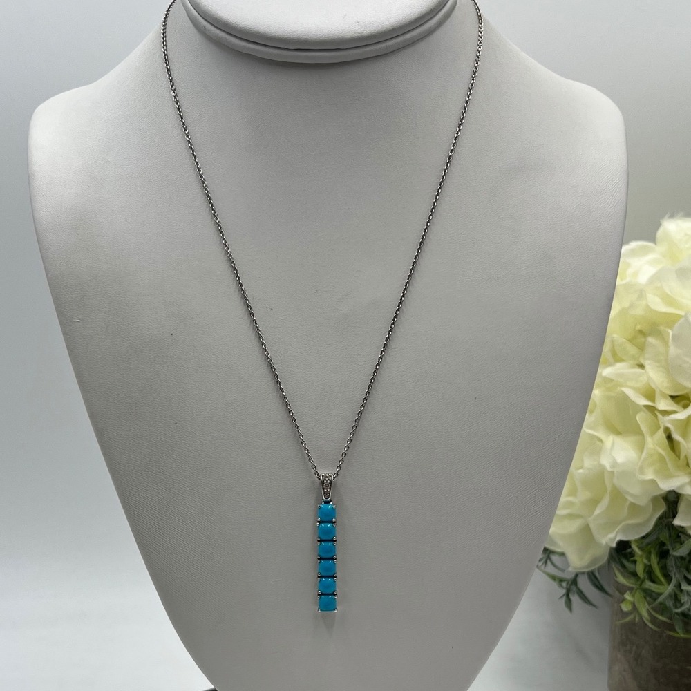 A/M Sterling Silver Six Turquoise Stone Linear Bar Pendant White‎ Topaz Necklace